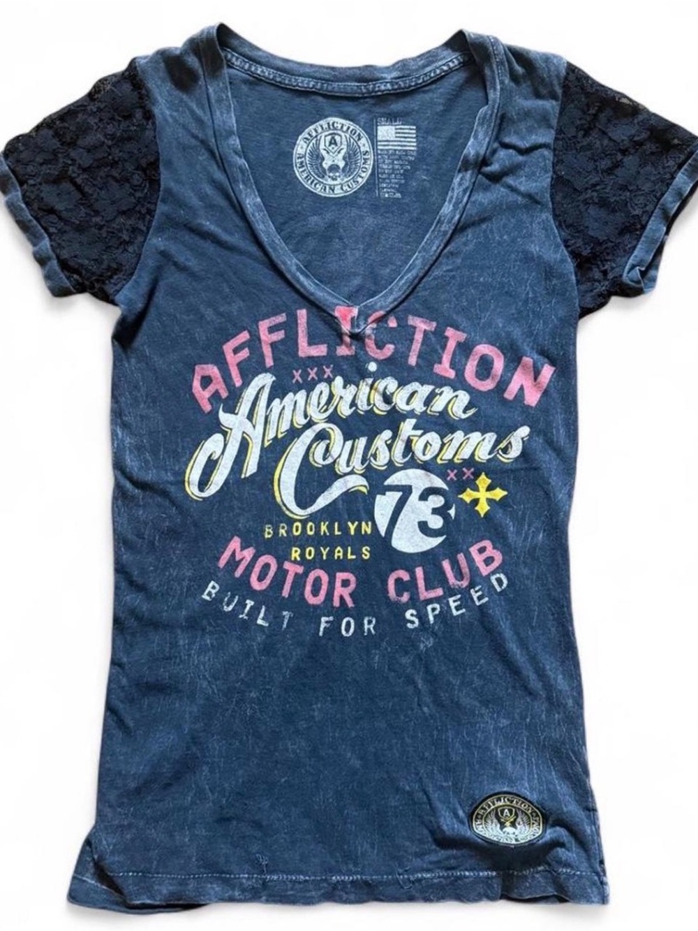 Affliction V-Neck Tee with Skull Graphic and Lace Arm Sleeves
